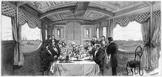 Russisk kejsertog brugt af hertugen og hertuginden af Edinburgh i 1874: spisestuevognen. Indgravering i "" Le Monde Illustré"" nr. 886 af 6. april 1874.