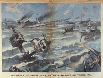 Russisk flådekatastrofe under slaget ved Tsushima i 1905, illustration fra Le Petit Parisien, 2. juli, 1906