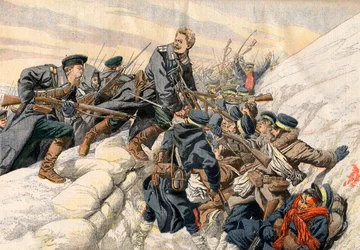 Russisk-japansk krig - Kæmper i skyttegravene ved Port Arthur, russisk-japanske krig. Den russiske løjtnant Alexanders heroiske død - I skyttegravene i Port Arthur. Den russiske løjtnant Alexanders heroiske død. Illustration til Le petit Journal