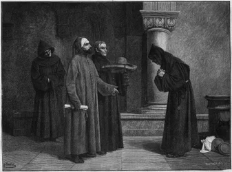 Saint Bonaventure (Giovanni di Fidanza, kendt som Doctor Seraphique, San Bonaventura) (1221-1274) modtager kardinalens hat. Han blev indviet til kardinal-Eveque af Albano i 1273 af Gregoire X i 1273. Indgravering af Bauchart fra Santars maleri.