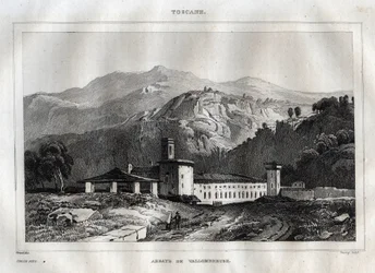 Santa Maria di Vallombrosa benediktinerkloster beliggende i kommunen Reggello, i Toscana - Vallombrosa kloster - Gravering fra "" Italy Picturesque"" - Historisk og beskrivende maleri af Italien"" af M. de Norvins, Ch. Nodier 1834-1836.