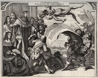 Satirisk allegori over ophævelsen af belejringen af Arras i 1654 efter Ludvig 14.s kroning (1638-1715). Nederst til venstre ses dronning Anna af Østrig (1601-1666). Ved siden af Ludvig 14. og til venstre for kongen står kardinal Jules Mazarin (1602-1661).