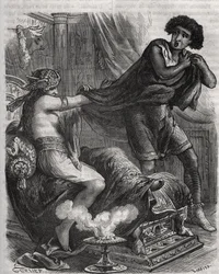 Scene fra Bibelen: "" Hun greb den alt for dydige unge mand ved hans tunika""". Putifars (Potifar) hustru forsøger at forføre Josef, en slave af faraoen. Indgravering fra 1871 i "Histoire Des Cocus Celebres"" af Henry de Kock (1819-1892).