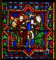 Scene i E-vinduet, der skildrer en scene fra St. Catherines liv: med filosofferne