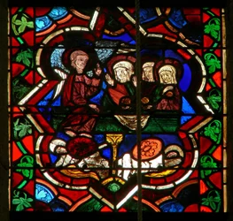 Scene i E-vinduet, der forestiller de tre Marys ved opstandelsesgraven