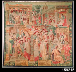 Scener fra Sankt Remigius (d.533) biskop af Reims: The Miracle of the Rich Mans Testament and the Resurrection of a Dead Man, 1531
