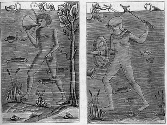 Søsoldat: dykkeren og våbenmanden. Stik fra træfigurer fra 1500-tallet. I "La Marine et les kolonier: handel"