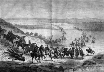 Secession War (1861-1865) eller amerikansk borgerkrig: krydser Potomac af general Stuarts sydlige kavaleri. Indgravering i "" Le Monde Illustré"" nr. 293 af 22. november