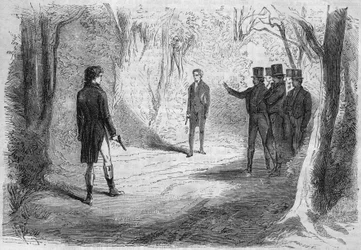 Serieroman: ""Rig og Fattig"" af Emile Souvestre (1806-1854). Duellen mellem Boissard og Larry. Indgravering i "" Les bons romances""
