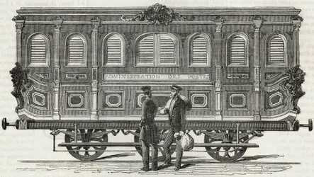 Postkontor - udvendigt billede af det mobile kontor - Gravering i "Tableau-de-Paris" af Edmond Texier 1852