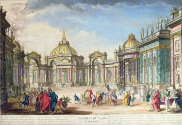 Scenografi til det ydre af Apollos Palace, udgivet i Paris, 1748