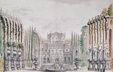 Scenografi af et palads til et teater, ca. 1660-80 (pen & blæk og wc på papir)