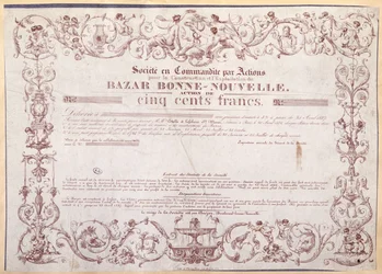 Aktiebevis for 500 francs for Bazar Bonne-Nouvelle, 1836