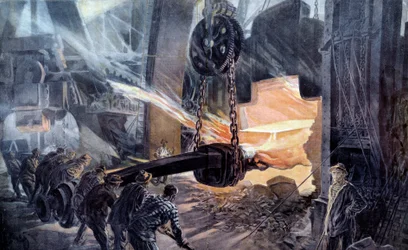 Siderurgy: "" Au Creusot udgangen af ​​ovnen fra en plade af armage"" Tryk af 1800-tallets Paris, dekorativ kunst