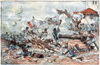 Belejring og erobring af Zaragoza (Zaragoza) i Spanien i februar 1809 af Napoleonstropperne. Indgravering af det 19. århundrede.