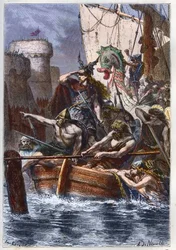 Belejringen af Paris (885-887): normannernes (vikingerne) invasion i 886 - vikinge-røveren Rollo (Rollon) Skovfogeden angriber Paris via Seinen i 885 e.Kr. - stik fra «Histoire de France racontée à mes petits-enfants» - af François Guizot - 1872-1876