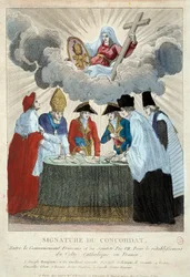 Underskrift af konkordatet af 1801 den 15/07/1801: det er underskrevet mellem den franske regering (her repræsenteret af Joseph Bonaparte) og Saint Siege (repræsenteret af kardinal Consalvi for pave Pius VII). 1801 Paris, Musee Carnavalet