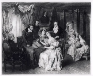 Underskrivelse af ægtepagten på advokatkontoret, ca. 1840