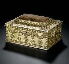 Silver-gilt rectangular casket with hinged lid with pin-cushion, from the Lennoxlove toilet service, owned by Frances Teresa Stewart, Duchess of Richmond and Lennox: French, Paris, 1664 - 1665 or 1668 - 1669dani