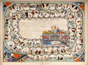 Snakes and ladders board baseret på den franske revolution, 1791