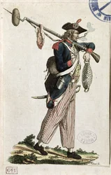 Soldat fra den franske revolution med en bajonet, hvortil der er fastgjort et brød og et stykke kød: LAn 11 1794