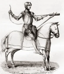 Soldat til hest ved hjælp af et håndholdt bombardement, slutningen af det 14. og begyndelsen af det 15. århundrede, efter en tegning fra manuskriptet af Marianus Jacobus, fra Les Merveilles de la Science, udgivet ca. 1870 (gravering)