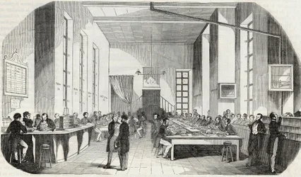 Sortering af breve fra Paris - Indgravering i "" Tableau-de-Paris"" af Edmond Texier 1852