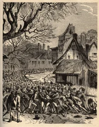 Sjælespil (fodboldens forfader) - (Frankrig) - Le jeu de la soule en Basse Normandy (Formodet forfader til fodbold og rugby) - indgravering i "" PATRIQUE DE LA FRANCE I 6 BIND AF LUCIEN HUARD - slutningen af ​​1800-tallet
