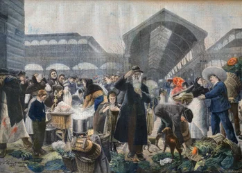 Suppestand på Les Halles-markedet om morgenen, illustration fra 