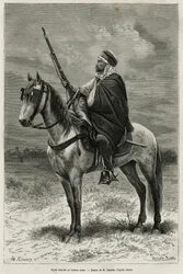 Spahi, effektiv rytter og frygt, der bidrager til erobringen af Algeriet, i Frankrigs tjeneste, løsriver sig på det arabiske kontor og graverer efter en tegning af H. Charles for at illustrere historien om Tebessa og dets monumenter (Algeriet), af A. Heron