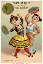 Spanske børn, der danser med tamburiner lavet af pesetas, fra en række salgsfremmende kort på valutaer i forskellige lande, udgivet i Paris af Vieillemard til brug af Chocolat Ibled, 1886-95