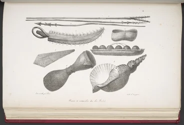 Spyd og redskaber fra øen Radak, fra malerisk rejse jorden rundt, med portrætter af vilde fra Amerika, Asien, Afrika og øerne i Det Store Ocean; landskaber, havudsigt og flere naturhistoriske genstande; ac