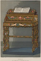 Spinet med prinsesse af Contis våbenskjold, illustration fra Dictionnaire de lameublement et de la dekoration af Henry Havard, bind 2, tallerken 26, Paris, Maison Quantin, 1878 (farve litho