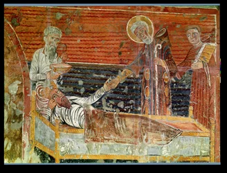 St. Severinus (d.507) kurerer Clovis I (465-511) kopi af en original fra det 12. århundrede i Chateau-Landon-kirken (se også 240221)