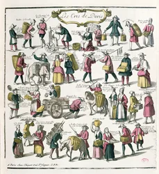 Gadesælgere i Paris, slutningen af det 17. århundrede (farvegravering)