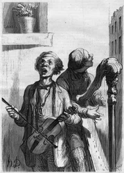 Gadesangere. Tegnefilm af Honore Daumier (1808-1879). Indgravering i "" Le Monde Illustré"" nr. 297 af 20. december 1862.