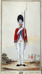 SwissGuard. Tavle 16 i ""Kompendium af militæruniformer af franske tropper under Louis XVI"" Litografi fra 1779. Dim. 0,23x0,16 m. Paris, hærmuseet