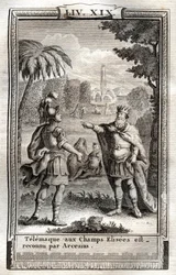 At Telemaque er på Champs Elisees er anerkendt af Arcesius - indgravering af 1798 efter Monnet i "Les Aventures de Telemaque, fils d