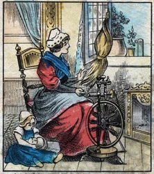 Tekstil, hør. En kvinde bruger et mekanisk spindehjul til at spinde linned. Gravering. Epinal billeddannelse sidst i det 19. århundrede.