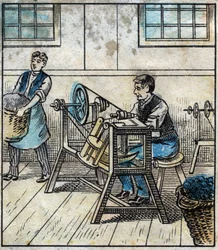Tekstil, linned: værksted. Sytråden lægges ud på kort eller ruller i en kugle. Gravering. Epinal billeddannelse sidst i det 19. århundrede.