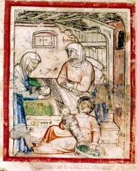 Thamar (Tamar) føder to tvillinger, Perets og Zerah, søn af Juda, miniature fra codex 212 (eller padovano codice eller Bible of Padua) 1390-1400