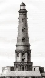 Det 17. århundrede Cordouan fyrtårn, nær mundingen af Gironde-mundingen i Frankrig, set her efter dets udvidelse i det 18. århundrede, fra Les Merveilles de la Science, udgivet ca. 1870 (gravering)
