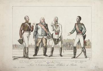 De allierede suveræner i Paris, 1815, Alexander I, kejser af Rusland, Ludvig XVIII, konge af Frankrig, Frans I, kejser af Østrig og Frederik Vilhelm III, konge af Preussen, udgivet af Martinet, 1815