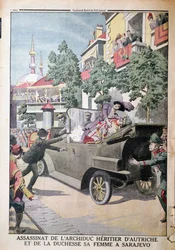 Mordet på ærkehertug Franz Ferdinand af Østrig (1863-1914) og hans hustru, hertuginde Sophie, ved Gavrilo Princip (1895-1918) i Sarajevo, 28. juni 1914, fra Le Petit Journal, 12. juli 1914