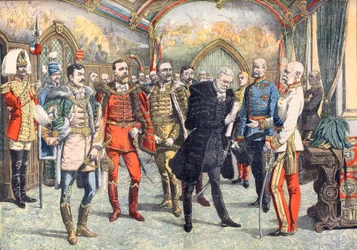 Den østrig-ungarske krise. Kejser Franz Joseph I, der modtager de ungarske baroner, der beder om almindelig valgret i Ungarn. Illustration til Le Petite Journal