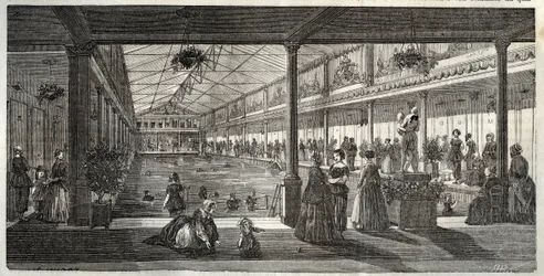 Badene på Hotel Lambert, Ile Saint-Louis, Paris, midten af 1800-tallet - Hotel Lambert, Ile Saint-Louis, svømmeskole for damer - Bain Lambert - - Indgravering i "Tableau-de-Paris" af Edmond Texier 1852