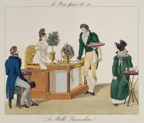 The Beautiful Lemonade sælger, tallerken 98 fra le Bon Genre, ca. 1810 (farvegravering)