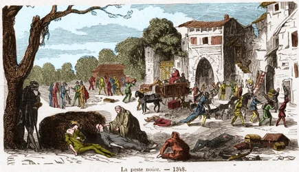 Den sorte pest i 1348. Indgravering i "Histoire De France En Cent-malerier af Paul Lehugeur" 1891.