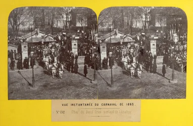 Karnevallet i 1863 i Paris, den fede okseflyder forlader slagteriet, stereoskopisk udsigt, 1863