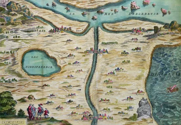 Carte du Tendre, et kort over et imaginært land, fra bind II af Clelie skrevet af Mademoiselle de Scudery, indgraveret af Francois Chauveau (1613-76) 1656